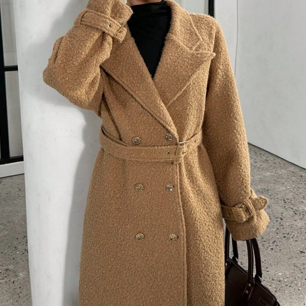 Khaki Casual Women's Teddy Fleece Oversized Trench Coat